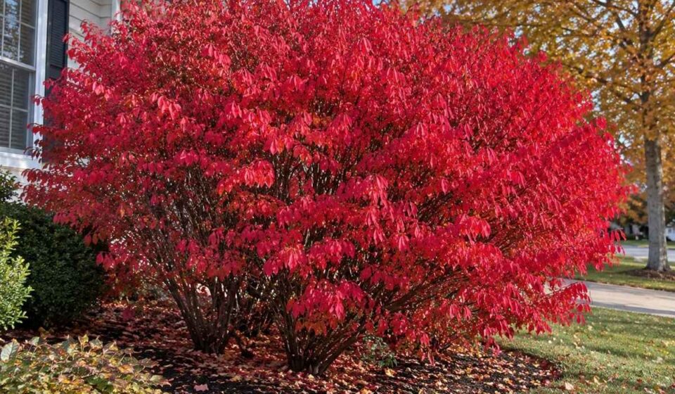 Burning Bush shrubs in pots with bright red fall foliage at a nursery.