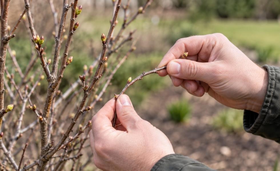 Hands gently bending a shrub twig to check its flexibility and examine developing spring buds.
