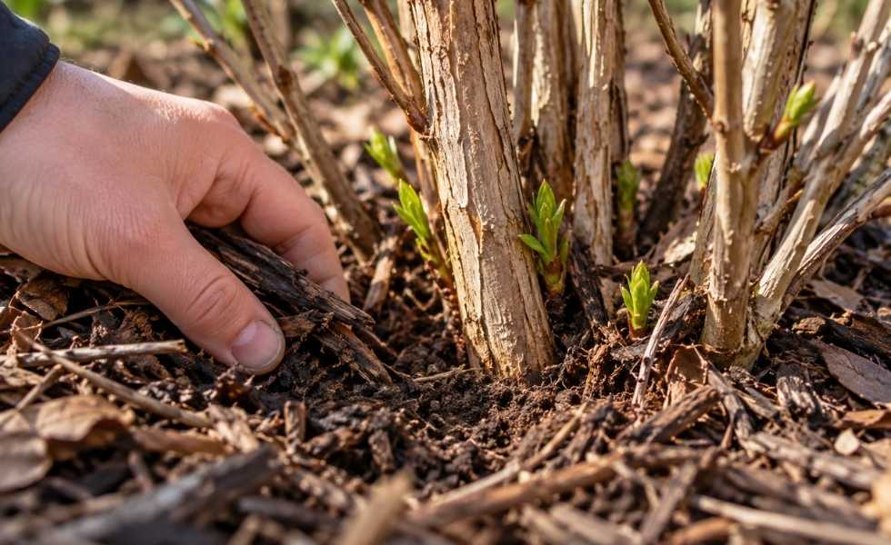 A hand removing mulch from the base of a shrub to reveal fresh green shoots.