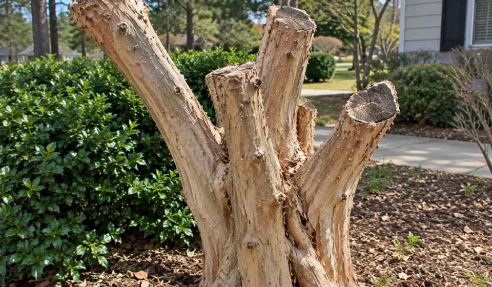 Heavily pruned Crape Myrtle with several large cut branches.