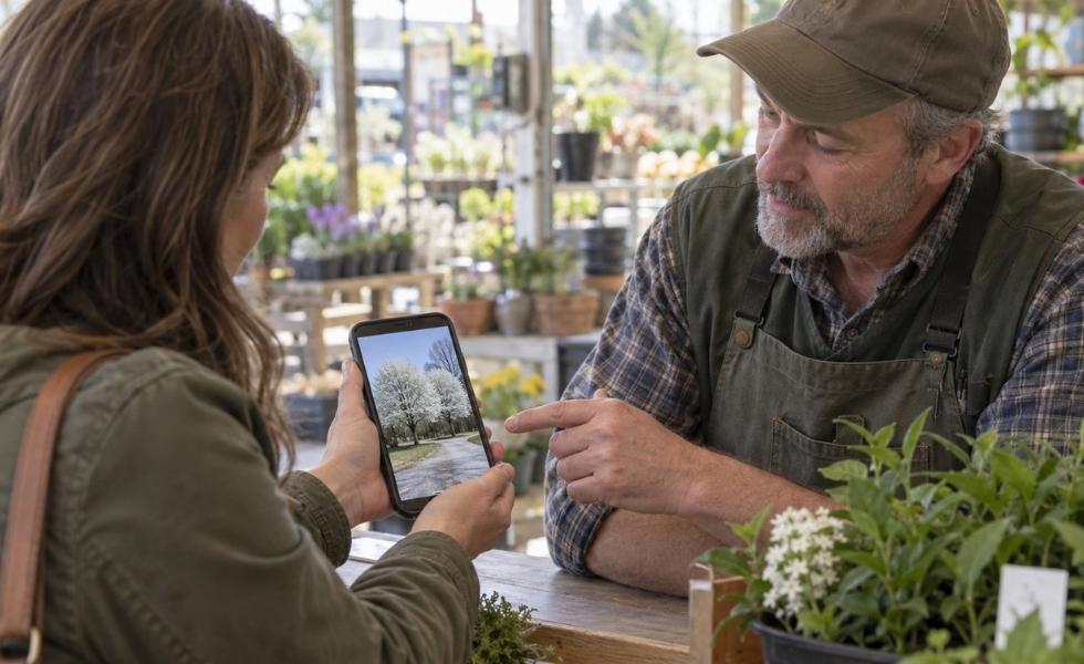 nursery owner discusses Bradford Pear trees with a customer showing a photo of two blooming trees on a phone.