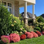 Colorful shrubs and flowers line the front of a suburban stone house.