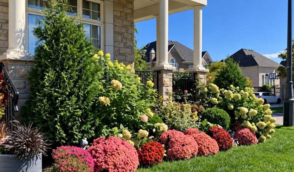 Colorful shrubs and flowers line the front of a suburban stone house.