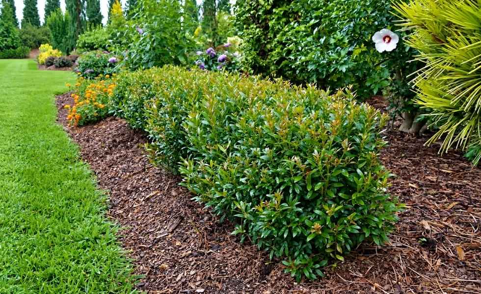 Gem Box inkberry shrubs with dense green foliage along a landscaped garden bed.