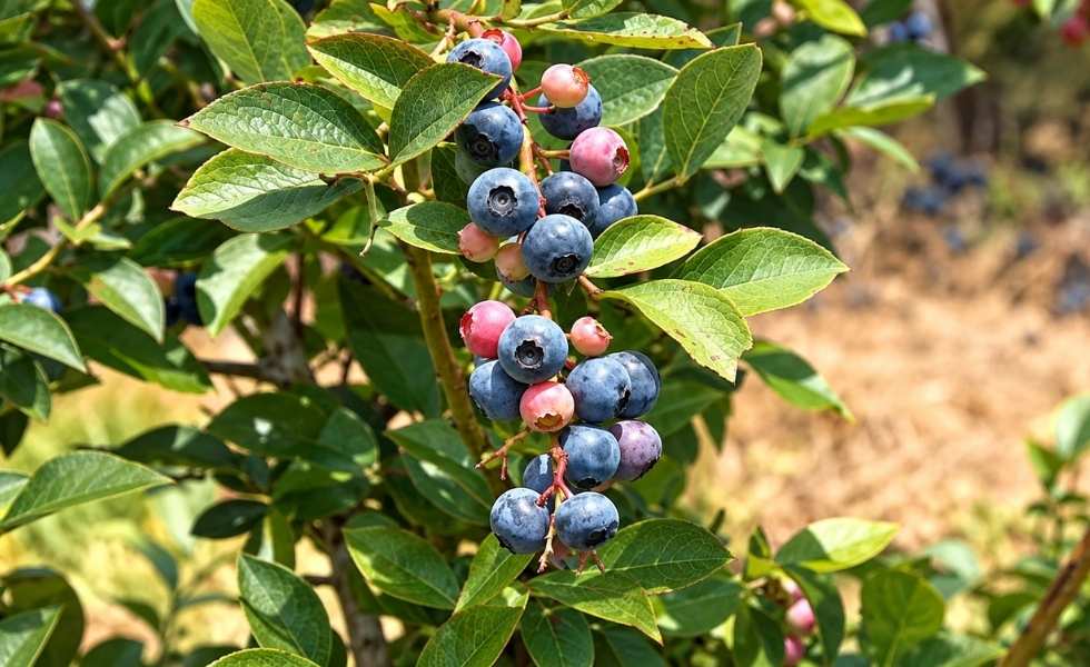 Highbush Blueberrywith ripe blue and pink berries among green leaves.