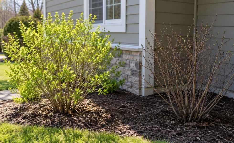 Two shrubs beside a house, one covered in fresh spring leaves and the other just beginning to bud.