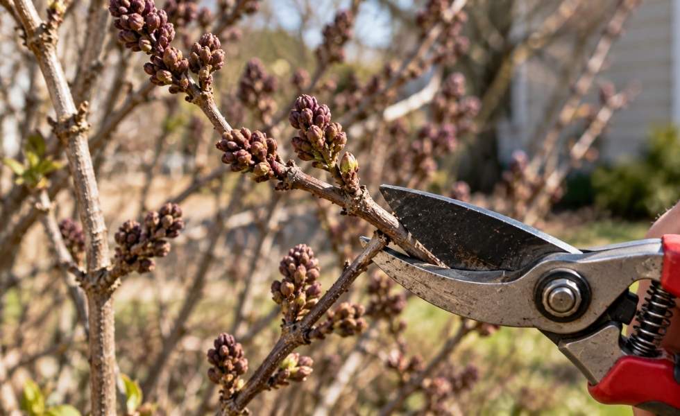 Pruning shears near flower buds on a woody shrub branch.
