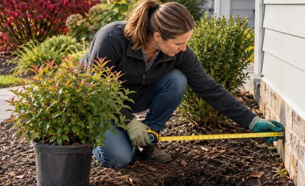 Woman measures space beside a house before planting a shrub.