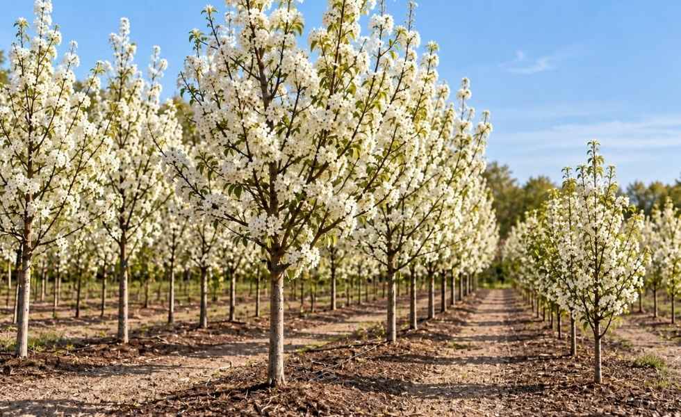 Rows of Bradford Pear trees planted in a nursery, covered in white blossoms during spring.