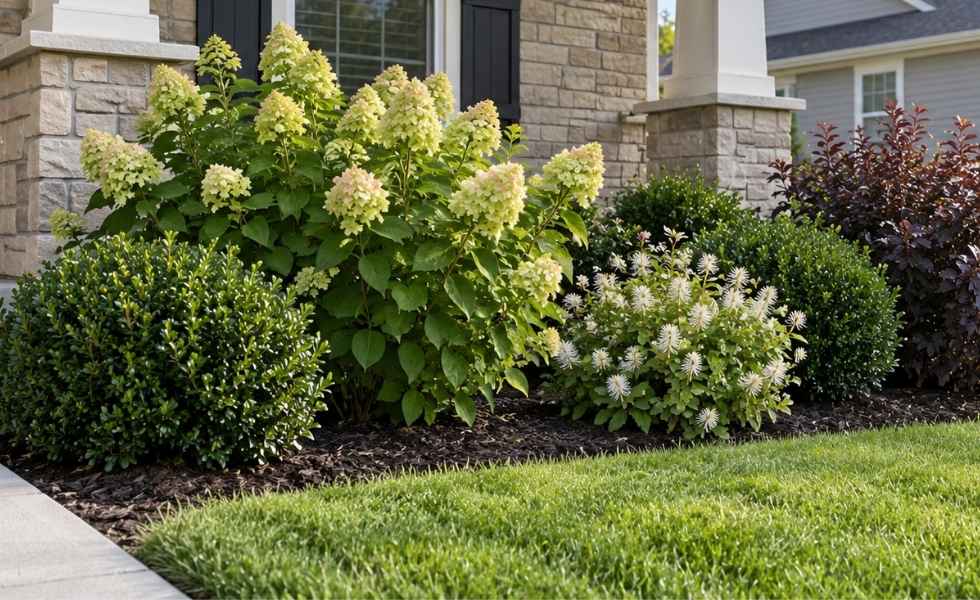 Gem Box inkberry, Little Lime hydrangea, dwarf fothergilla, and Tiny Wine ninebark planted along the front of a suburban home.
