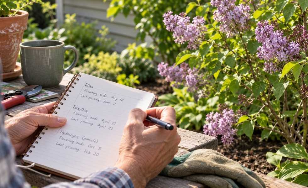 A gardener records flowering and pruning dates in a notebook beside a blooming lilac shrub.