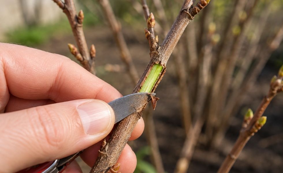 A hand performing a scratch test on a shrub branch, revealing healthy green tissue beneath the bark.