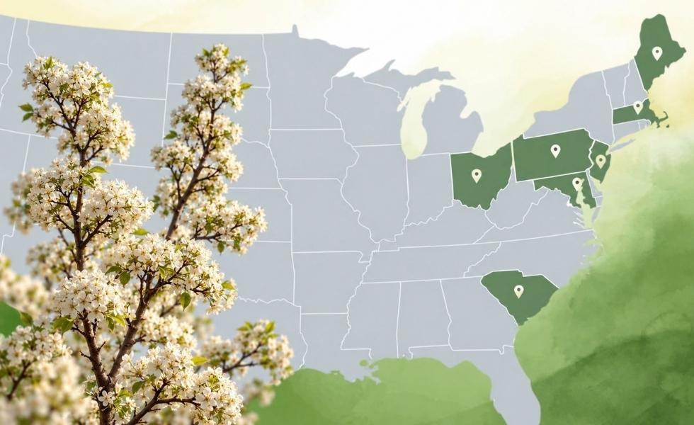 Flowering Bradford pear branches in the foreground over a U.S. map with several eastern states highlighted and marked with location pins.