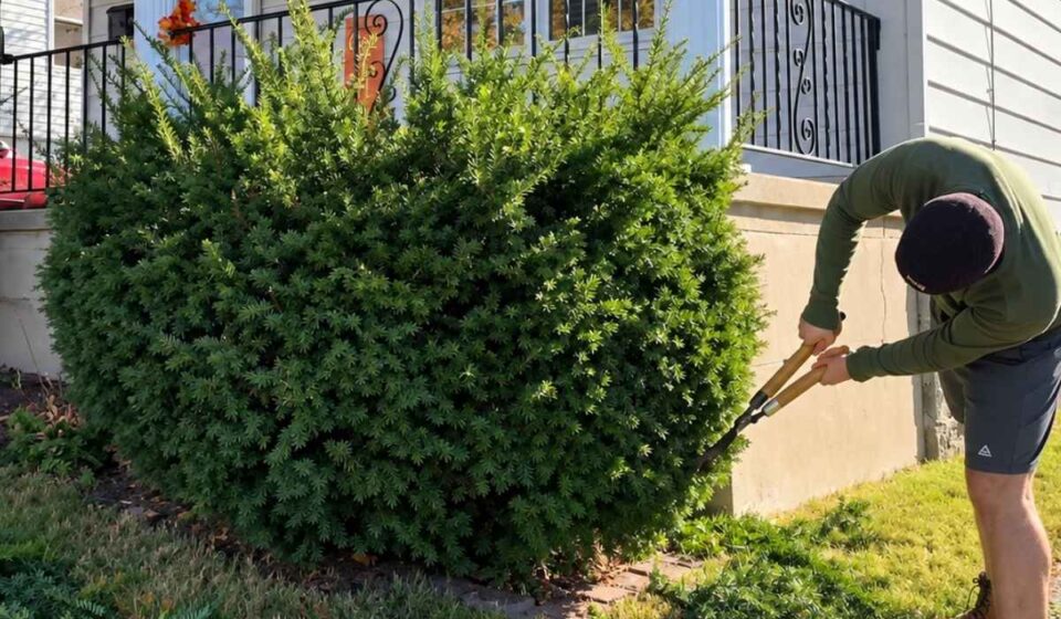 Man trims a large evergreen shrub beside a suburban house.