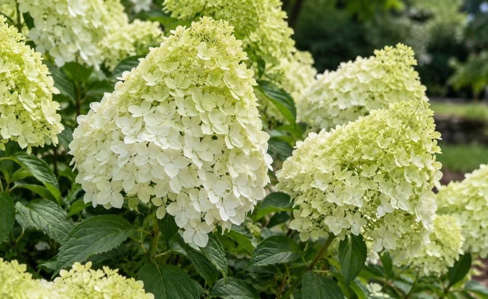 Close-up of Limelight Hydrangeas with large creamy white and pale green flower clusters surrounded by lush foliage.