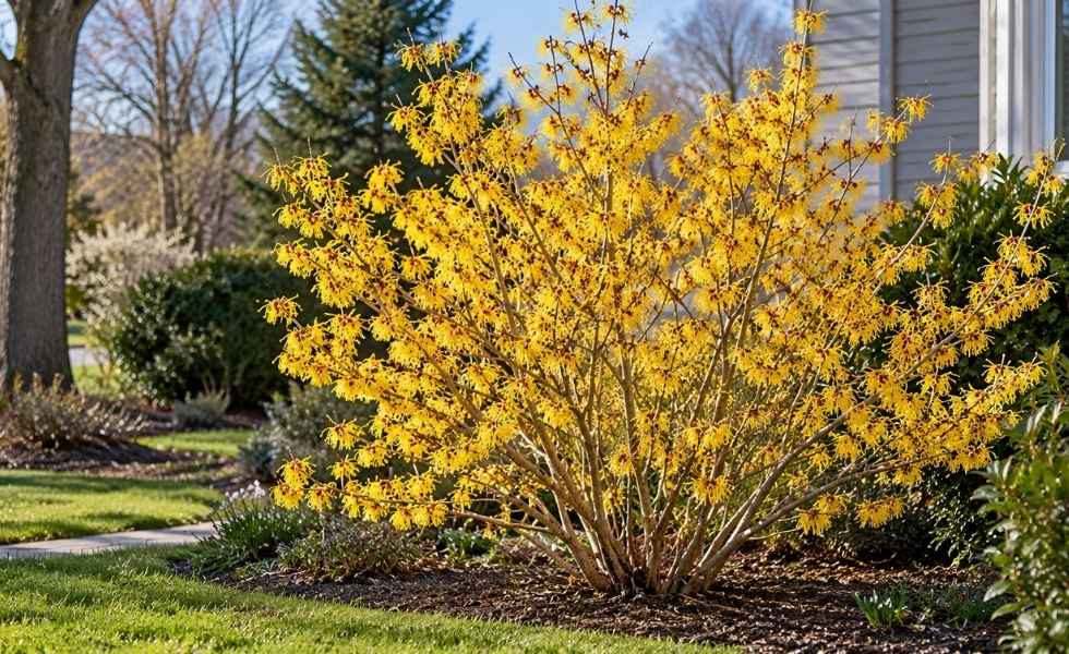 Witch Hazel shrub covered in bright yellow winter flowers.