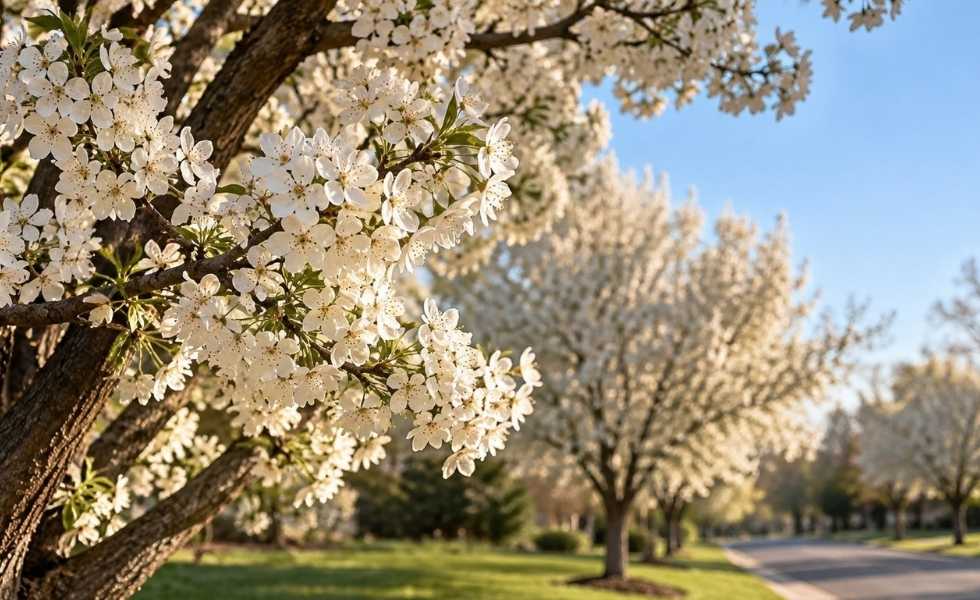 Bradford Pear tree covered in white spring blossoms beside a suburban road lined with flowering trees.