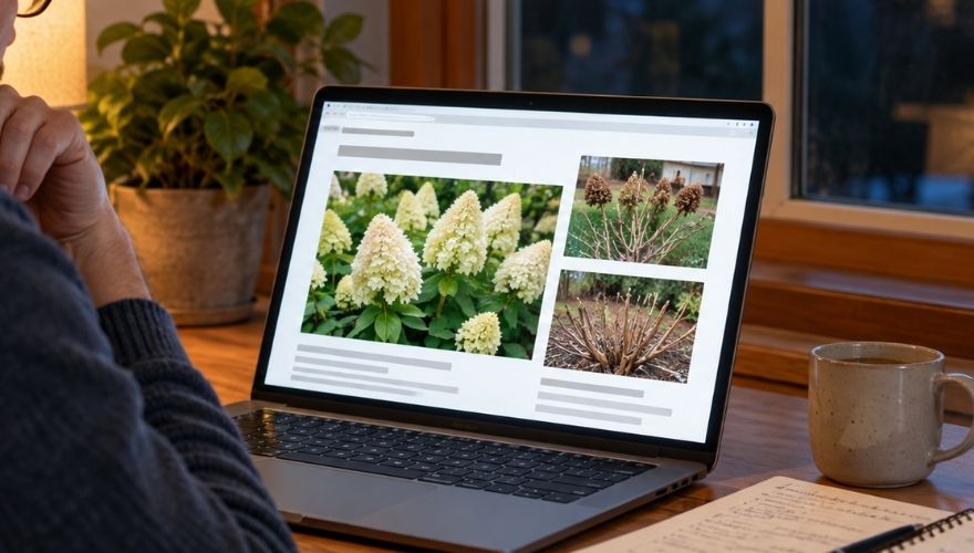 Man researching Limelight hydrangea pruning on a laptop during an evening study session.