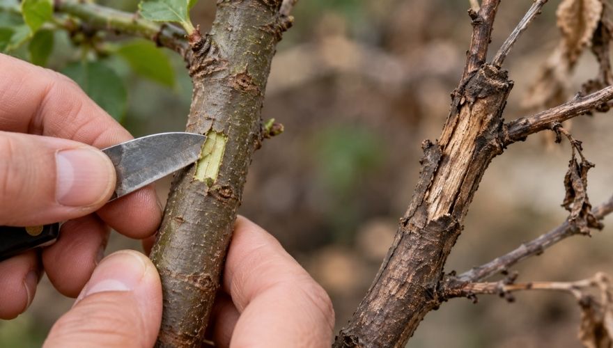 Scratch test revealing green living tissue beneath tree bark beside a dead branch.
