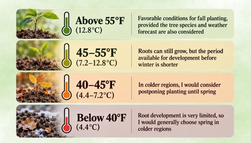 Infographic showing soil temperature guidelines for fall tree planting, with four ranges from above 55°F to below 40°F and recommendations for root growth and planting conditions.