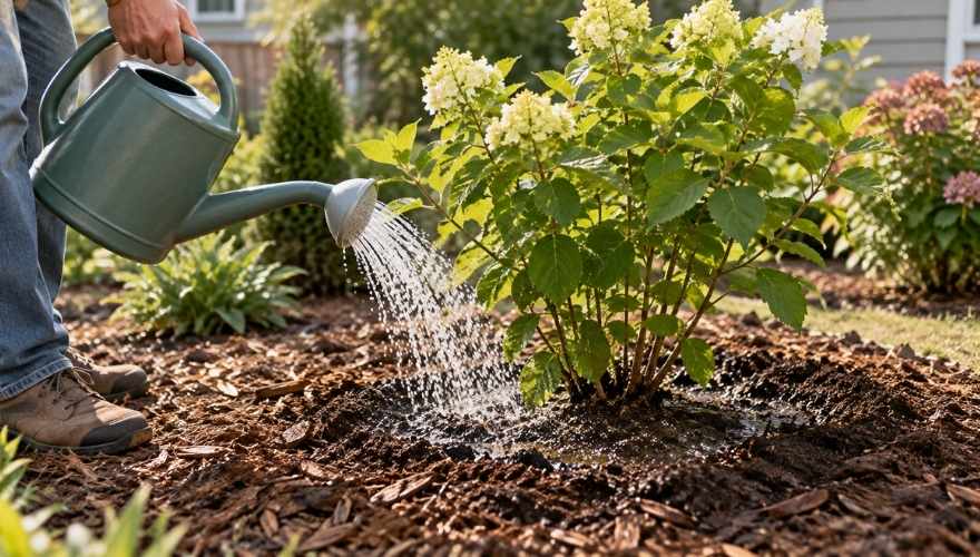 Gardener watering a newly planted white hydrangea shrub with a watering can, soaking the soil around its roots.