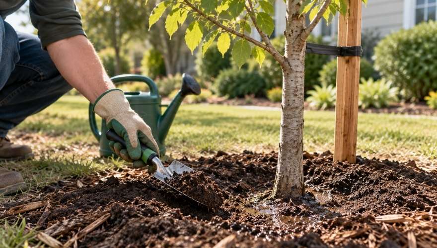 A gardener examines the soil around a young tree with a small trowel to check moisture levels and determine whether additional watering is needed.