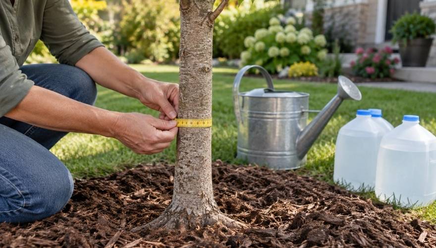 Gardener measuring the trunk diameter of a newly planted tree with a tape measure to calculate how much water it needs.