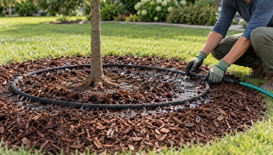 Gardener positioning a soaker hose around a newly planted tree to deliver water slowly into the root zone.