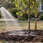 Person watering a newly planted young tree with a garden hose, soaking the soil around its base in a suburban yard.