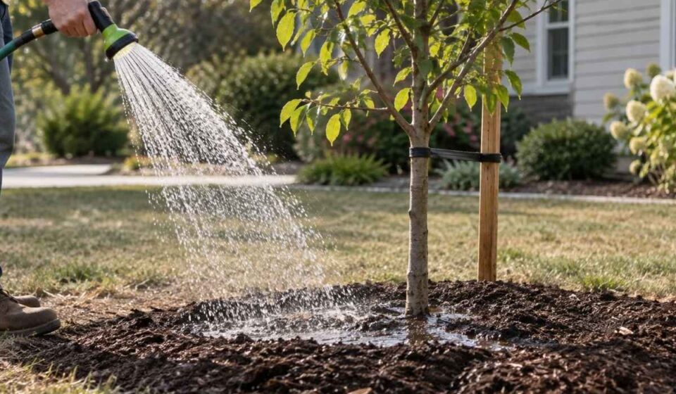 Person watering a newly planted young tree with a garden hose, soaking the soil around its base in a suburban yard.